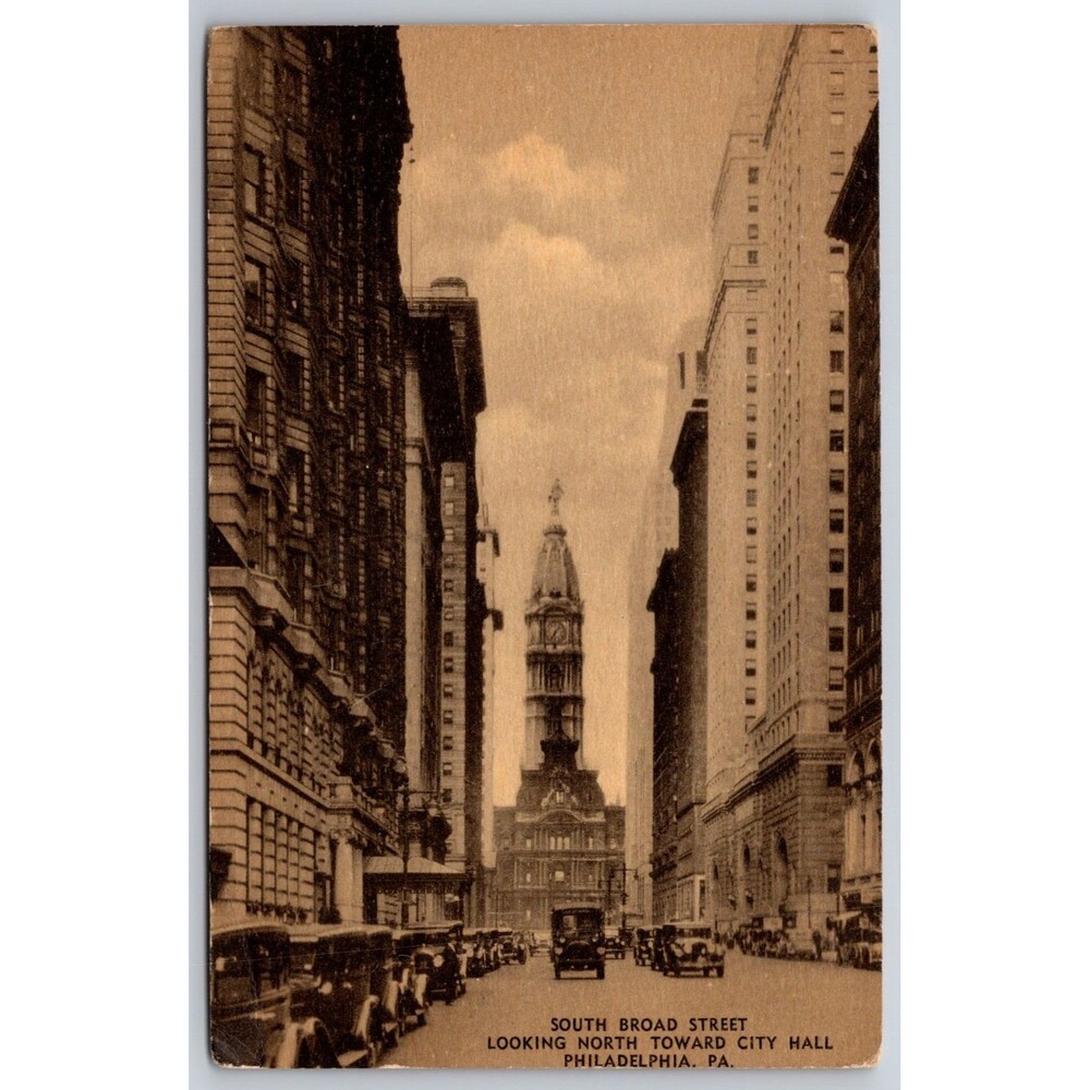 Vintage Phila PA Postcard South Broad Street City Hall Sepia View 1920s Cars